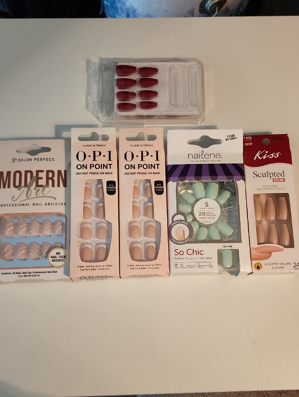6 Sets of Unused Glue On/Press On Nails OPI, Kiss, Nailene, Salon Perfect Boxed